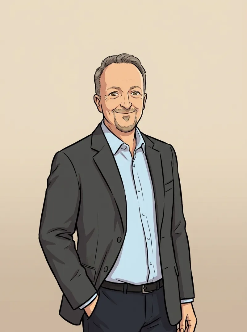 Norbert Rosenwinkel as a comic character in the style of the live comic: dark blazer, light blue shirt, friendly smile.