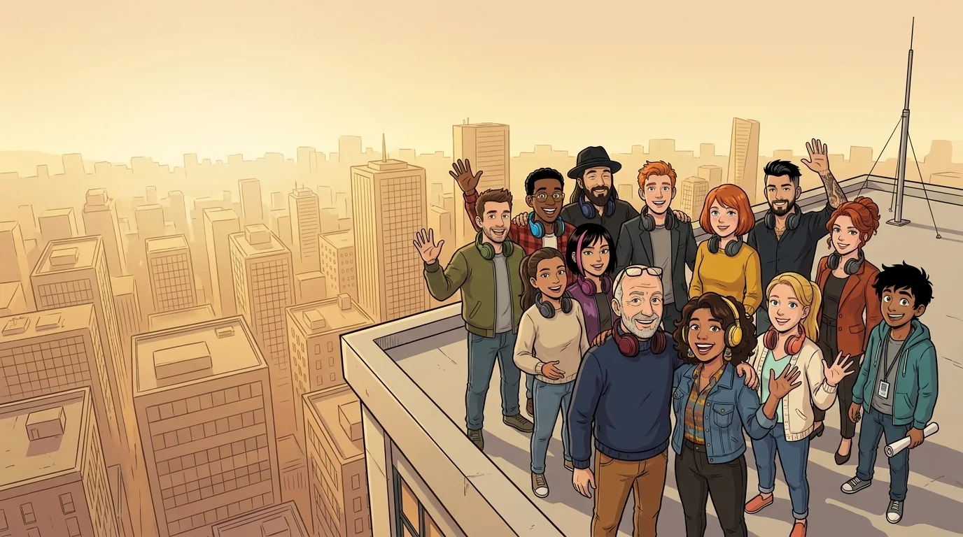The HiveWeaver FM team on the studio rooftop above the city, every host and news anchor drawn as a comic character.