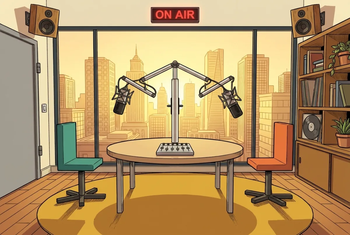 The HiveWeaver FM studio in comic style: microphones above the round desk, the skyline in golden evening light behind.